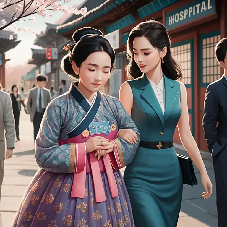 서울시 병원 안심동행 서비스 이용하여 동행매니저와 함께 걸어가고 있는 일러스트