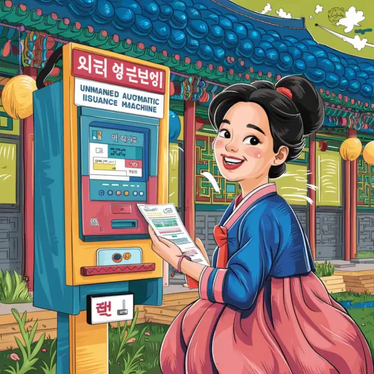 무인민원발급기를 찾고 기뻐하는 한복입은 여자 일러스트