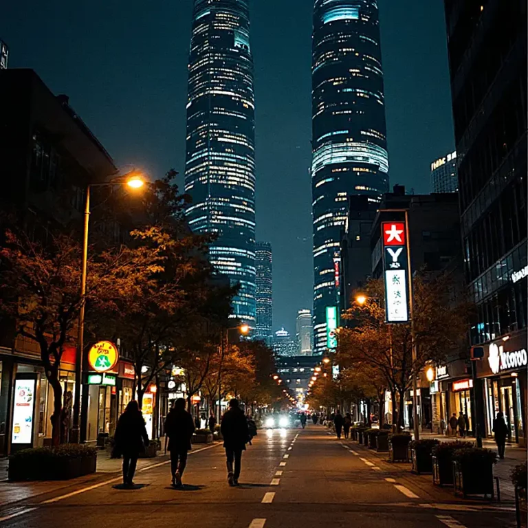 평화로운 서울시 야경을 배경으로 사람들이 거리를 안전하게 걷고 있다.