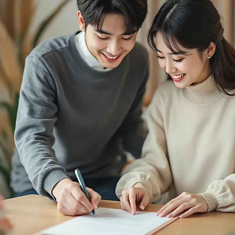 혼인신고서를 작성하며 웃고 있는 남녀커플