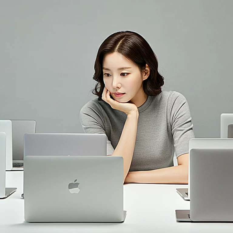 여러대의 맥북 에어를 보며 고뇌하고 있는 한국 미녀