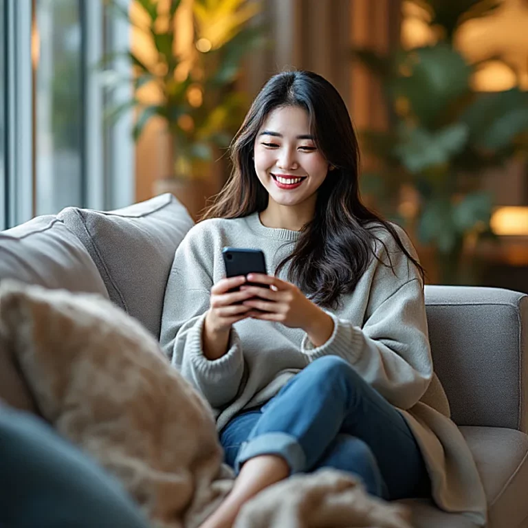 아이폰 사진 앨범 인물 정리 하며 행복해하는 여성