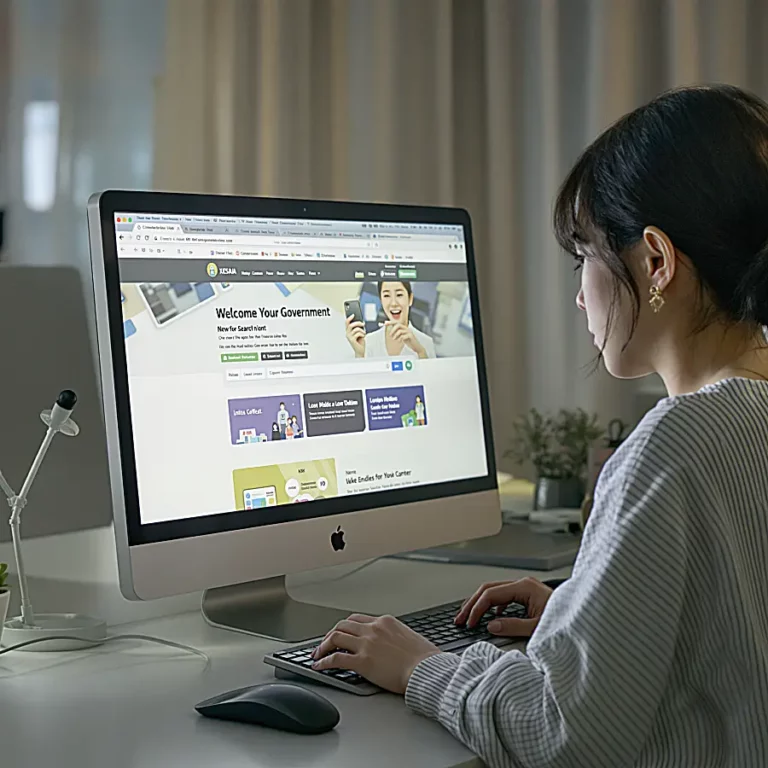 맥 화면으로 정부 웹사이트 보고 있는 한국 여성