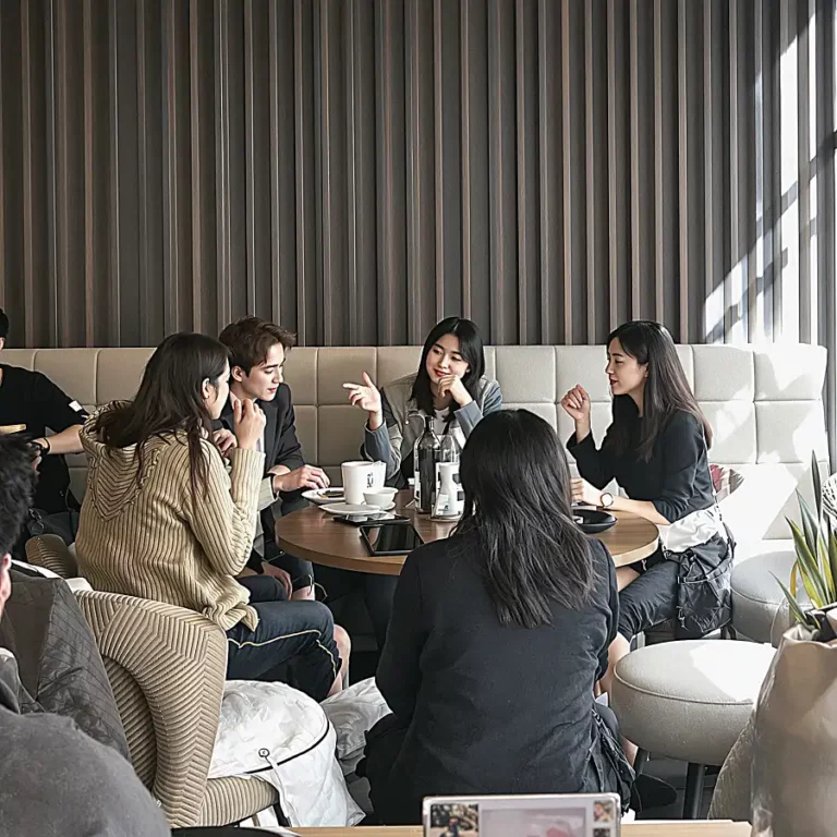 카페 테이블에서 테토 에겐 성향을 토론하는 한국 청년들