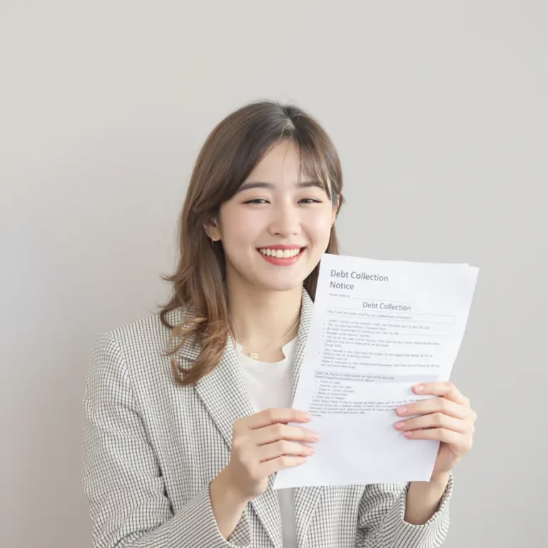 채권추심 문서를 들고 웃고 있는 미녀